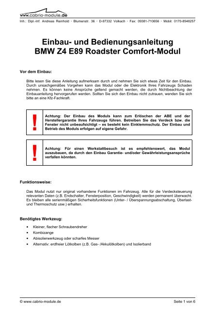 und Bedienungsanleitung BMW Z4 E89 Roadster Comfort-Modul