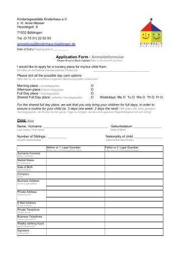 Application Form / Anmeldeformular - Kinderhaus Böblingen eV