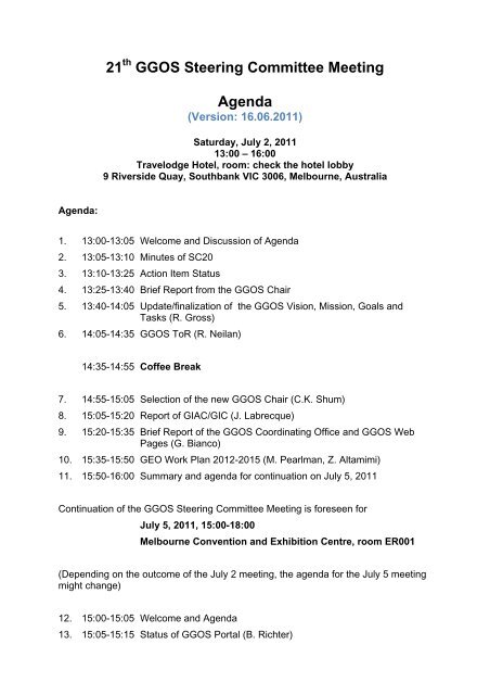 21 GGOS Steering Committee Meeting Agenda