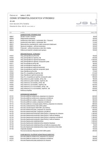 CENÍK STOMATOLOGICKÝCH VÝROBKŮ - JS LAB