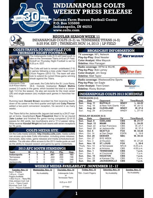 INDIANAPOLIS COLTS WEEKLY PRESS RELEASE