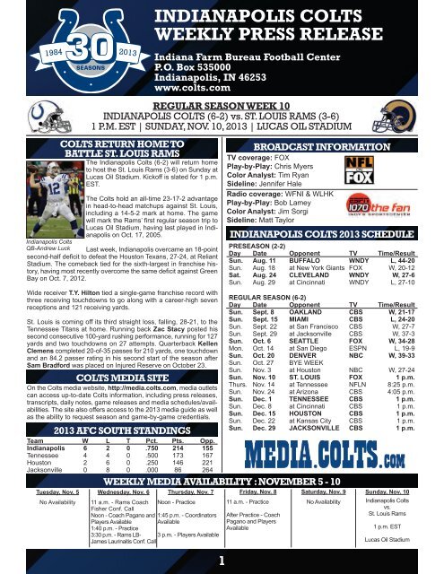 INDIANAPOLIS COLTS WEEKLY PRESS RELEASE