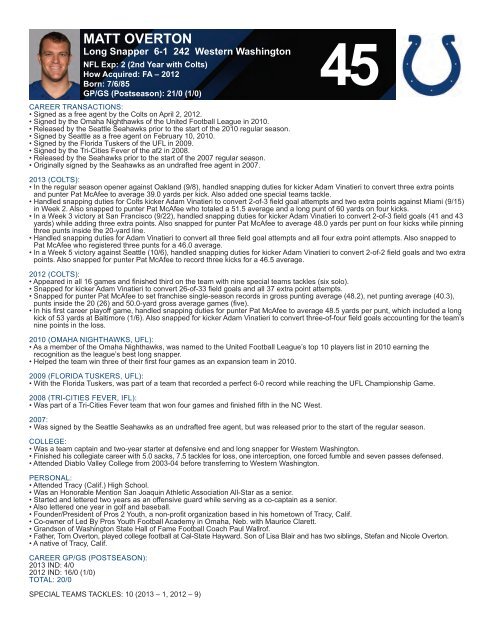 INDIANAPOLIS COLTS WEEKLY PRESS RELEASE