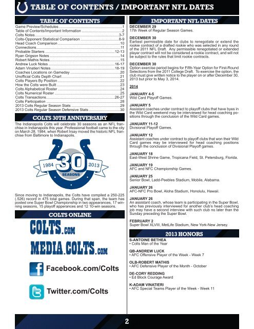 INDIANAPOLIS COLTS WEEKLY PRESS RELEASE