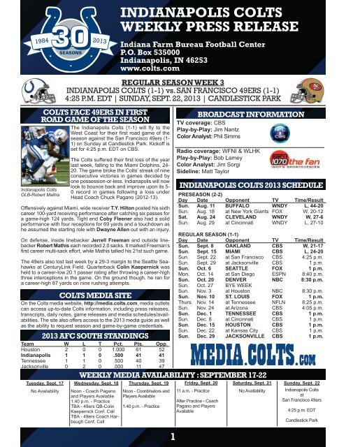 INDIANAPOLIS COLTS WEEKLY PRESS RELEASE