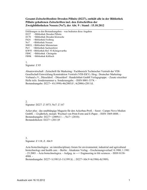 Gesamt Zeitschriftenliste Dresden Pillnitz D227 Enthalt Alle In Der