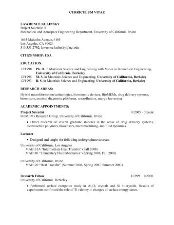 CURRICULUM VITAE LAWRENCE KULINSKY Project Scientist II ...