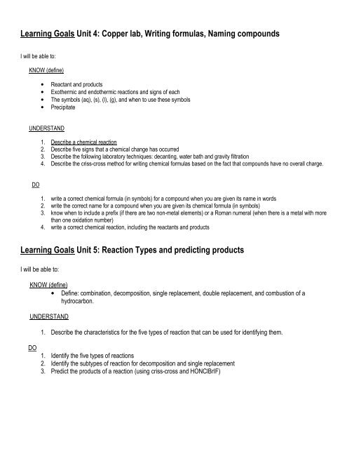 Packet for Cu lab, naming and writing formulas, reaction types and ...