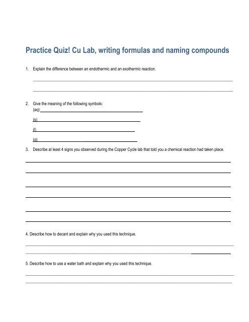 Packet for Cu lab, naming and writing formulas, reaction types and ...