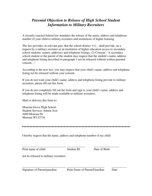 Military Opt-out Form - Monona Grove Schools