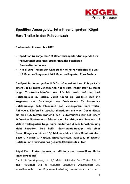 Spedition Ansorge startet mit verlängertem Kögel Euro Trailer in den ...