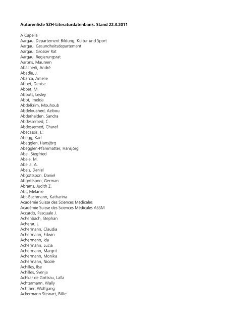 Autorenliste SZH-Literaturdatenbank. Stand 22.3.2011 A  - Edudoc