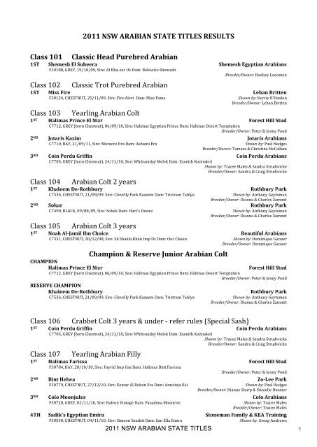 2011 NSW ARABIAN STATE TITLES RESULTS Class 101 Classic ...