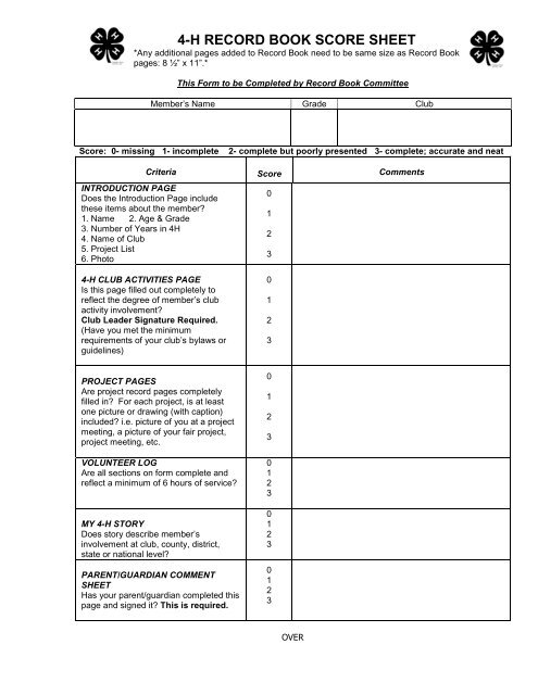 4-H RECORD BOOK SCORE SHEET