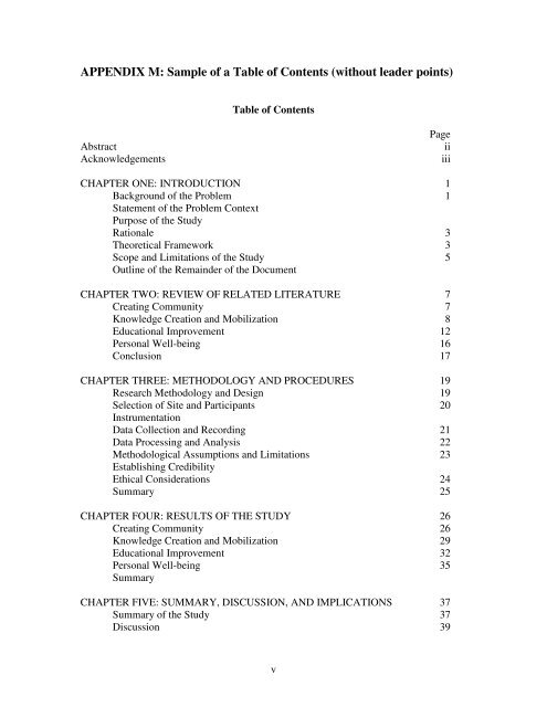 APPENDIX M Sample of a Table of Contents (without leader points)