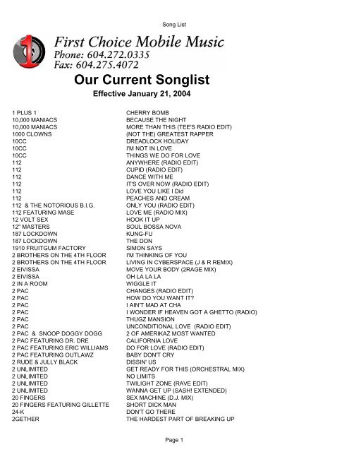 Our Current Songlist - First Choice Mobile Music