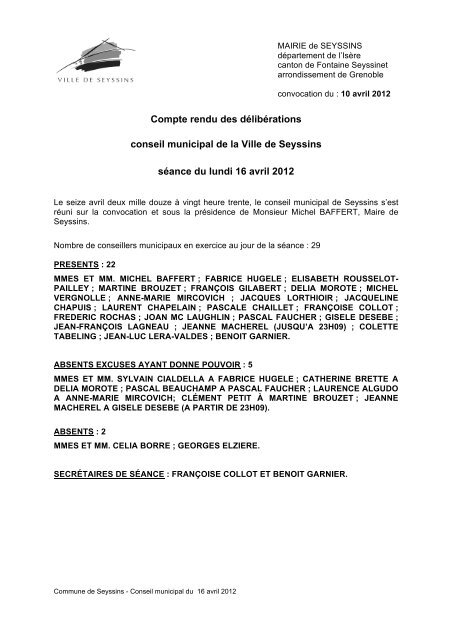 Compte rendu des dÃ©libÃ©rations conseil municipal de la Ville de ...