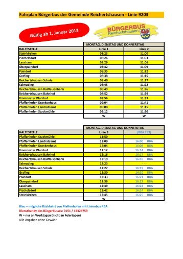 Fahrplan Bürgerbus der Gemeinde Reichertshausen - Linie 9203