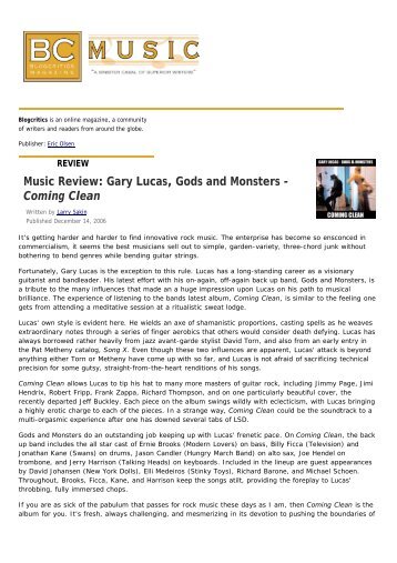Music Review Gary Lucas Gods and Monsters - Coming Clean