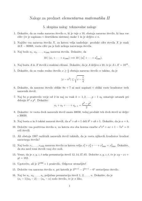 Naloge za predmet elementarna matematika II
