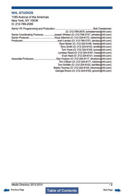 NHL MEDIA DIRECTORY 2013-2014