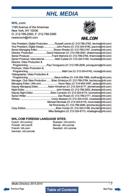 NHL MEDIA DIRECTORY 2013-2014