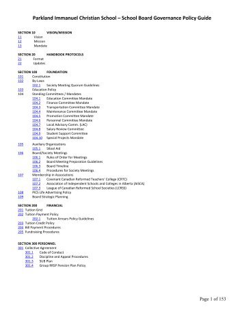 Parkland Immanuel Christian School – School Board Governance Policy Guide