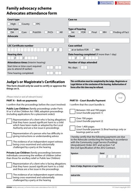 Advocates attendance form - Legal Services Commission