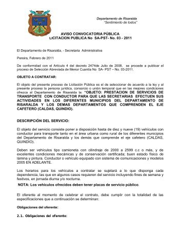 AVISO CONVOCATORIA PÃBLICA LICITACION PUBLICA No SA-PST