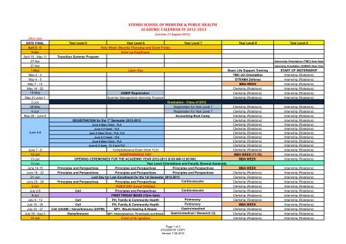 ATENEO SCHOOL OF MEDICINE & PUBLIC HEALTH ACADEMIC CALENDAR SY 2012-­‐2013