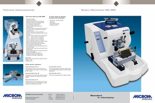 Technical data/accesories Rotary Microtome HM 325 Standard in microtomy