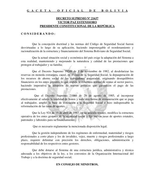 Decreto Supremo 21060 - Decreto Supremo 21637 Inases