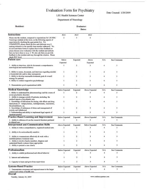 Evaluation Form for Psychiatry Residency Programs LSU Health