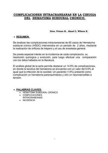 COMPLICACIONES INTRACRANEANAS EN LA CIRUGIA DEL HEMATOMA SUBDURAL CRONICO