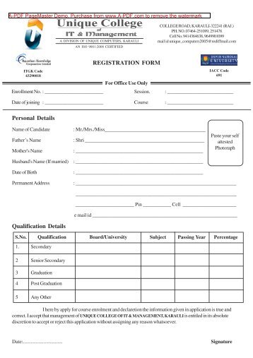 REGISTRATION FORM Personal Details Qualification Details