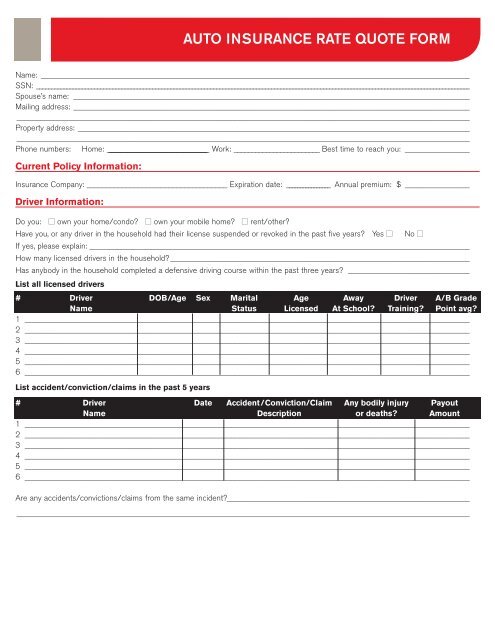 AUTO INSURANCE RATE QUOTE FORM