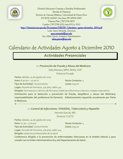 Calendario de Actividades Agosto a Diciembre 2010