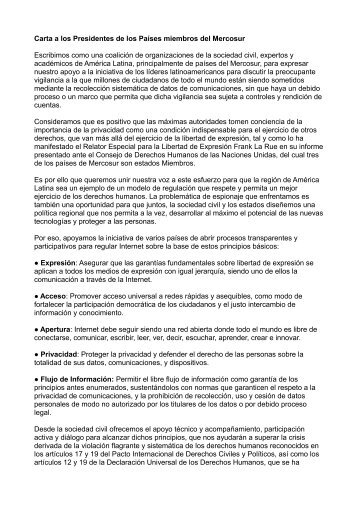 Carta a los Presidentes de los PaÃ­ses miembros del Mercosur ...