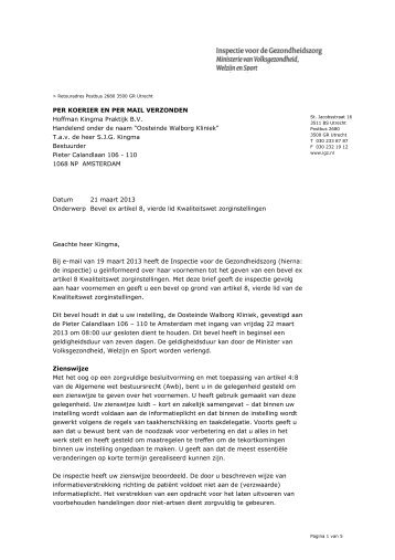 Bevel Oosteinde Walborg Kliniek - Inspectie voor de Gezondheidszorg