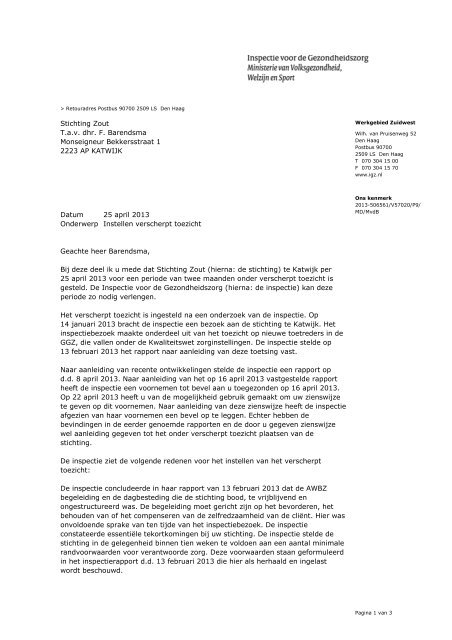 Brief verscherpt toezicht Stichting Zout - Inspectie voor de ...