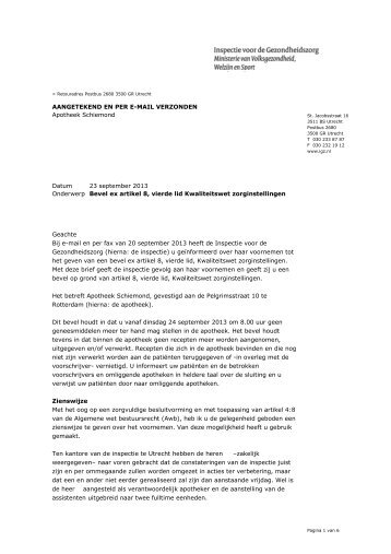 2013-09-23 Bevel Apotheek Schiemond - Inspectie voor de ...