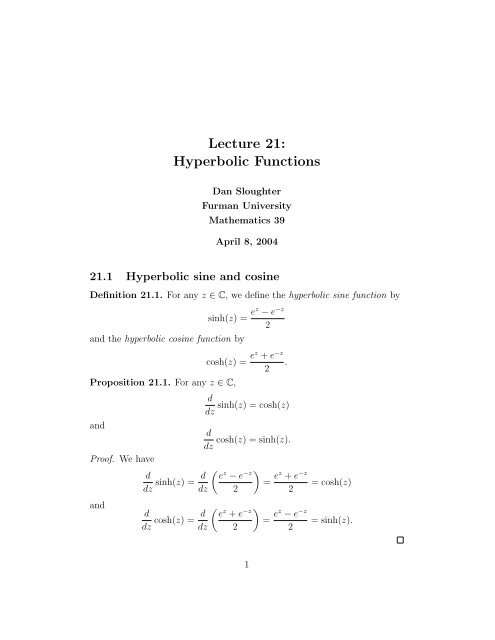 Lecture 21 Hyperbolic Functions