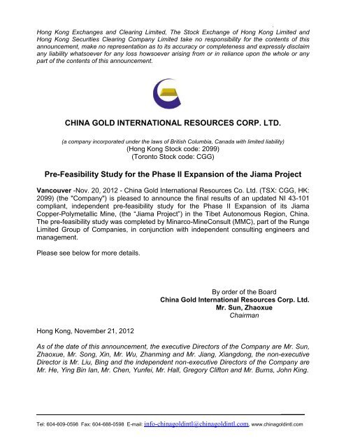 Pre-Feasibility Study for the Phase II Expansion of the Jiama Project