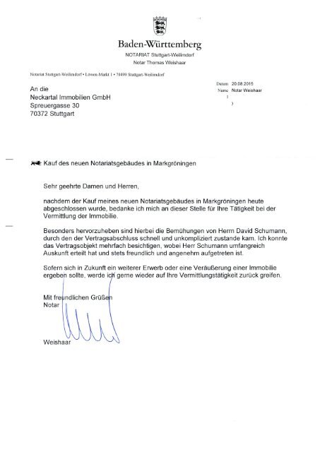 Referenzschreiben Immobilienmakler Stuttgart Empfehlungsschreiben Zufriedener Immobilieneigentumer