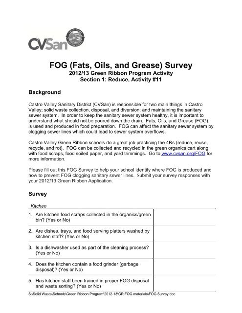 FOG (Fats Oils and Grease) Survey