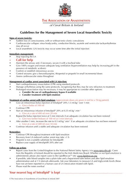 Guidelines for the Management of Severe Local Anaesthetic Toxicity ...