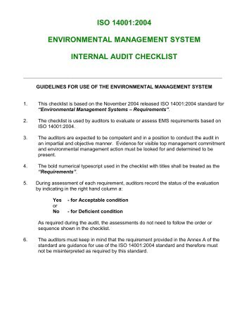 ISO 14001:2004 ENVIRONMENTAL MANAGEMENT SYSTEM INTERNAL AUDIT CHECKLIST