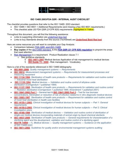 13485-FDA Internal Audit Checklist - Techstreet