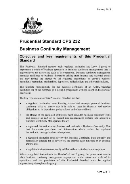 Prudential Standard CPS 232 Business Continuity Management