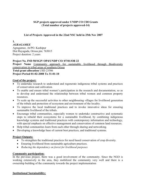 Sgp Projects Approved Under Undp Co Cdi Grants ... - Sgp India